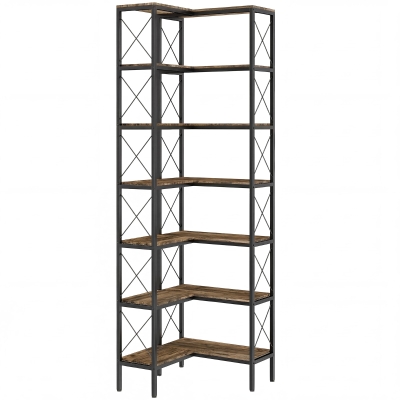 HOMCOM 6-Tier L-Shaped Corner Bookcase Metal Rustic Brown