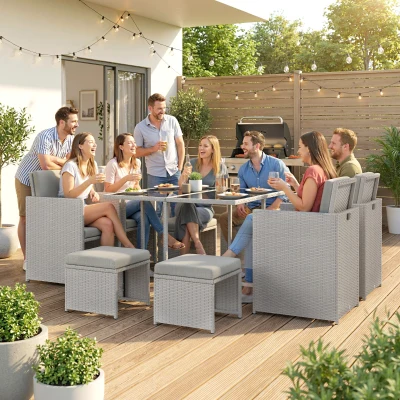 Outsunny 9 Piece Rattan Cube Garden Furniture Dining Set with Armchairs, Footstools and Glass-Top Table, Light Grey