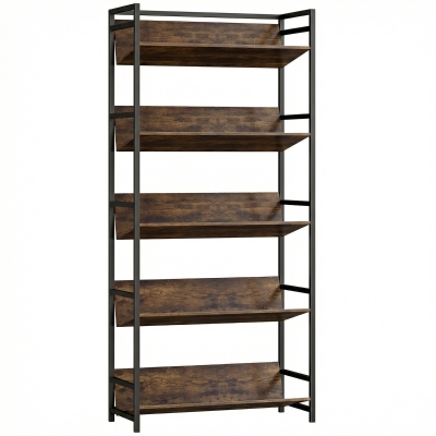 HOMCOM Bookshelf 5-Tier Metal Frame Bookcase Storage Shelves for Living Room Rustic Brown