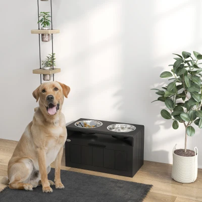 PawHut Raised Dog Bowl with Slow Feeder, Two Stainless Steel Dog Bowls, Drawer, for Large and Extra Large Dogs, Black