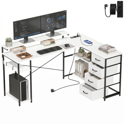 HOMCOM Bureau en L Réversible Blanc 155x112cm 4 Tiroirs USB