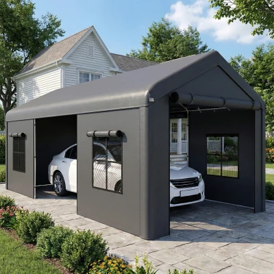 Outsunny 3 x 6 m Heavy Duty Carport, Portable Garage Car Canopy Tent with Galvanised Frame, Doors, Windows, Dark Grey