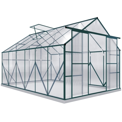Outsunny 8 x 12ft Aluminium Greenhouse Polycarbonate Walk in Garden Greenhouse Kit with Adjustable Roof Vent, Double Sliding Door, Rain Gutter and Foundation, Clear