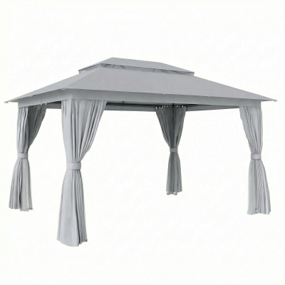 Outsunny 3 x 4 m Outdoor Garden Gazebo with Netting and Curtains, UPF50+ Patio Gazebo Permanent Pavilion Canopy, Dark Grey