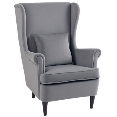 HOMCOM Modern Accent Chair with High Backrest and Pillow, Velvet-Feel Fabric Reading Chair with Solid Wood Legs, Grey