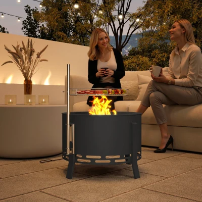 Outsunny Portable Fire Pit, 58 cm Round Firepit with Grill Grate, Fire Bowl with Ash Catcher and Poker, Fire Pit BBQ for Garden Camping Bonfire Picnic, Black