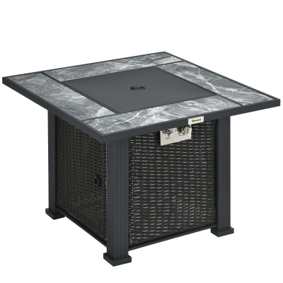 Outsunny Outdoor PE Rattan Gas Fire Pit Table, Patio Square Propane Heater with Marble Desktop, Rain Cover, Glass Windscreen, and Glass Stones, 50,000 BTU, Black