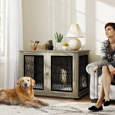 PawHut Indoor Dog Crate Furniture End Table with Soft Washable Cushion, Lockable Front Door, for Extra Large Dogs - Grey