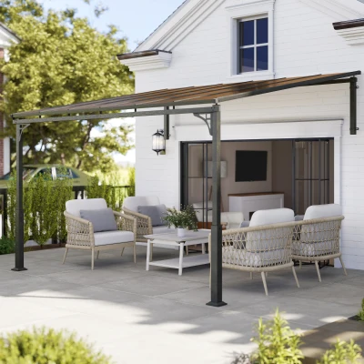 Outsunny 3.4 x 3 m Metal Lean-to Pergola, Wall-Mounted Garden Pergola with Polycarbonate Roof and Metal-Aluminium Frame, Heavy Duty Hardtop Gazebo for Outdoor Patios, BBQ, Brown