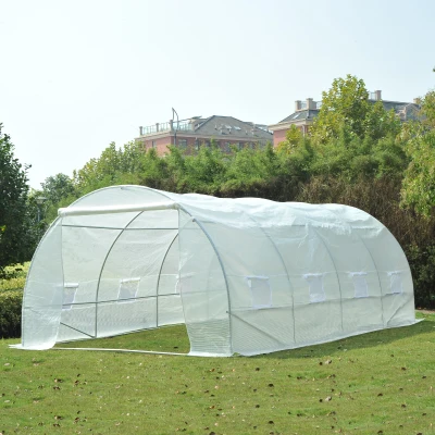 Outsunny Estufa Tipo Túnel 595x300x200 cm com 8 Janelas e Cobertura de Polietileno para Cultivo de Plantas Estrutura de Aço 24mm para Jardim Branco