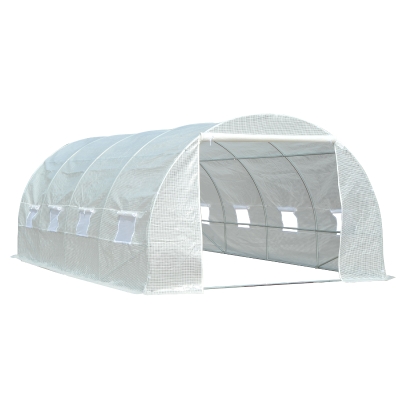 Outsunny Estufa Tipo Túnel 595x300x200 cm com 8 Janelas e Cobertura de Polietileno para Cultivo de Plantas Estrutura de Aço 24mm para Jardim Branco