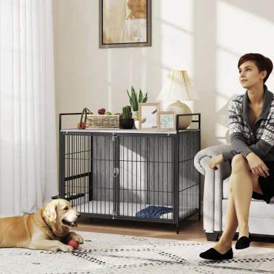 PawHut Large Dog Crate Furniture with Rotating Bowl Holder, 2 Bowls, 2 Doors, for Large Dogs, 100 x 60 x 88 cm, Grey