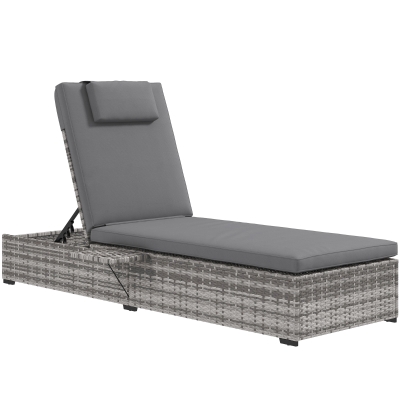 Outsunny Rattan Sun Lounger, 5-Level Reclining PE Wicker Outdoor Patio Lounger with Tea Tray and Cushion, Reclining Garden Chair for Patio, Terrace, 120kg Weight Capacity, Grey