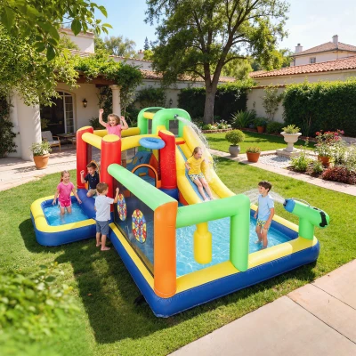 AIYAPLAY Castillo Hinchable Acuático con Soplador 550W 9 en 1 con Tobogán Trampolín Escalada 2 Piscinas Canasta Columna de Boxeo