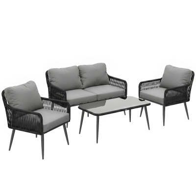 Outsunny Rattan Garden Furniture Set, 4 Piece Outdoor Patio Furniture with Tempered Glass Table and Chairs, Indoor Balcony Conservatory Set