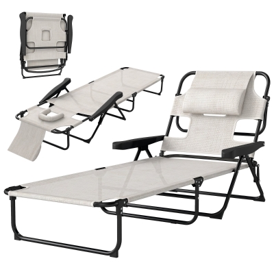 Outsunny Chaise Longue Pliante Réglable avec Appui-Tête Crème