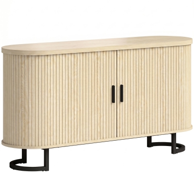 HOMCOM Aparador de salón, mueble de almacenamiento ovalado con 2 puertas correderas y estantes regulables, 140x40x75cm, madera natural
