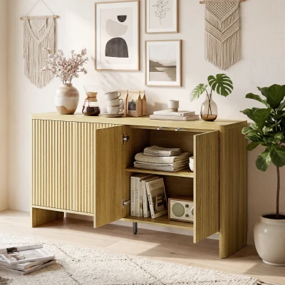 HOMCOM Buffet Chêne 4 Portes Rainurées, 147x40x77cm, Salon