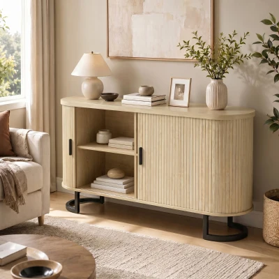 HOMCOM Aparador de sala, móvel de armazenamento oval com 2 portas deslizantes e prateleiras ajustáveis, 140x40x75cm, madeira natural