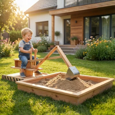 AIYAPLAY Arenero para Niños de Madera con Excavadora Arenero Infantil con Asiento Giratorio 360° y Forro 184x90x56 cm Natural