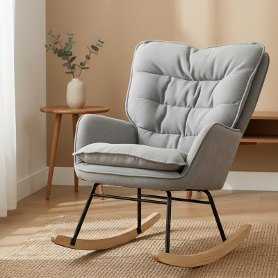 HOMCOM Poltrona Baloiço Estofada em Chenilla com Pés de Madeira de Faia e Apoio para os Braços para Lactância  71x98,5x97 cm Cinzento claro