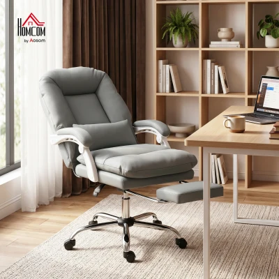 HOMCOM Velvet Executive Office Chair Reclining Footrest Grey