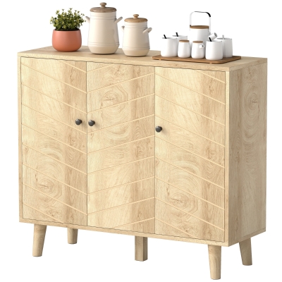 HOMCOM Buffet Cuisine, Meuble de Rangement avec 3 Portes à Motif Chevron et Pieds en Bois de Pin, 88,3x30x76cm, Bois Naturel