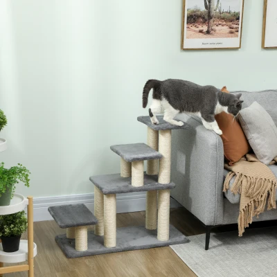 PawHut Escalera para Mascotas Ajustable de 3/4 Peldaños Escalera para Gatos con Postes Rascadores Bola Colgante Gris
