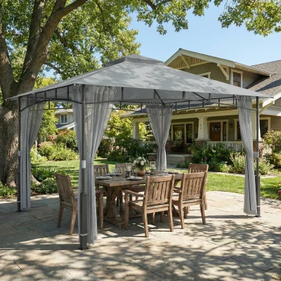 Outsunny Carpa para Jardim com Telhado Duplo Gazebo com Paredes de Rede UPF50+ para Exterior Terraço 360x300x275 cm Cinzento