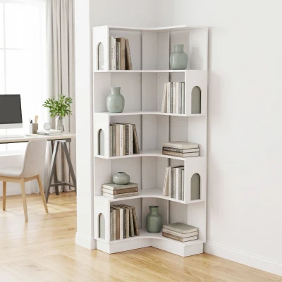 HOMCOM Estantería de esquina, estante de almacenamiento de 6 niveles con paneles laterales arqueados, 60 x 60 x 165,5 cm, blanco