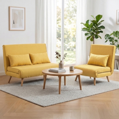 HOMCOM Sofá Cama de 2 Plazas Plegable Sofá Cama Tapizado en Lino con Respaldo Ajustable 5 Posiciones 2 Almohadas Amarillo