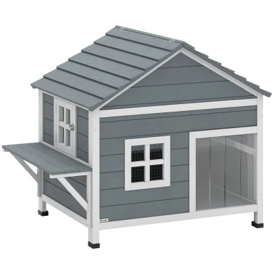 PawHut Katzenhaus aus Holz 2-Etagen Katzenhöhle mit wasserdicht aufklappbar Dach, seitlicher Plattform, 101×72,5x81cm, Grau