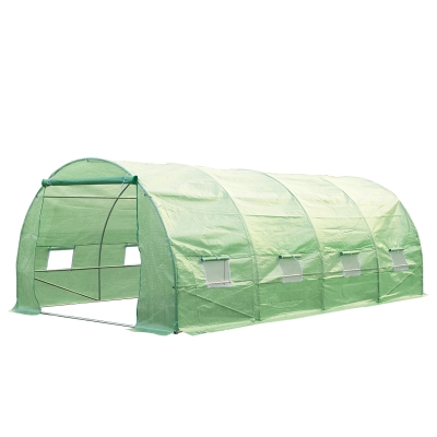 Outsunny Estufa Tipo Túnel 590x300x200cm com Porta Enrolável 8 Janelas Cobertura de PE 140g/m² e Tubo de Aço para Cultivos de Plantas Verduras Verde
