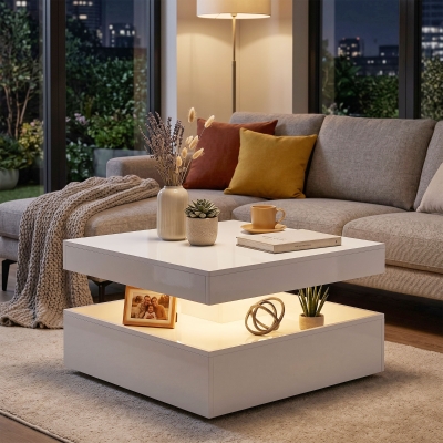 HOMCOM Mesa de Centro com LED RGB de 7 Cores com Armazenamento Aberto e Controlo Remoto 78x78x40 cm Branco