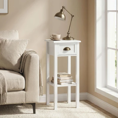 HOMCOM Mesa Auxiliar Moderna, Mesa Auxiliar para Sofá, con Cajón y Estante, Mesita de Noche para Salón, Dormitorio, 30x30x75 cm, Blanco