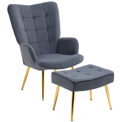 HOMCOM Fauteuil Salon Velours Gris Foncé avec Repose-pied Acier