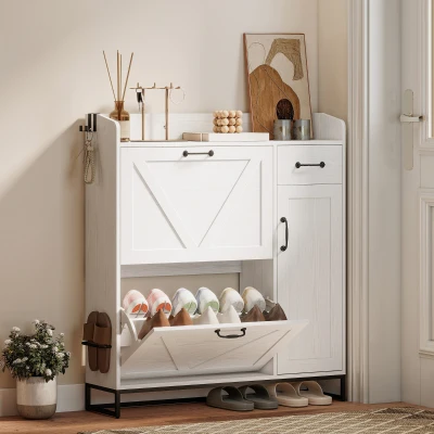 HOMCOM Zapatero Estrecho con 2 Cajones Abatibles Estantes Ajustables para 12 Pares para Espacio Reducido 106,7x26x116cm Blanco