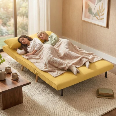 HOMCOM Sofá Cama de 2 Plazas Plegable Sofá Cama Tapizado en Lino con Respaldo Ajustable 5 Posiciones 2 Almohadas Amarillo