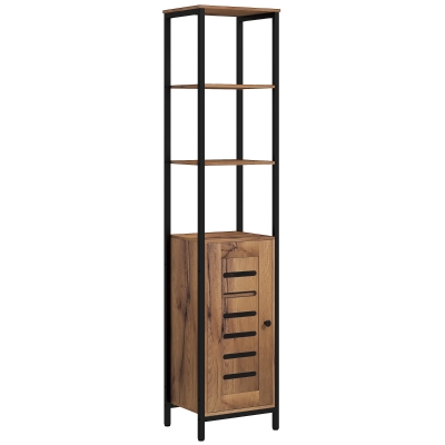 kleankin Coluna Casa de Banho Armário Alto Casa de Banho Estreito com Porta de Ripas Prateleiras Ajustáveis 37x30x167 cm Castanho Rústico