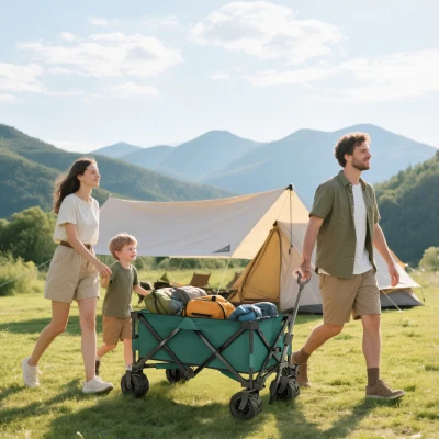 Outsunny Outdoor Folding Garden Trolley on Wheels - Pull Along Camping Cart, Cargo Wagon Trailer with Telescopic Handle and Big Wheels for Beach Garden, Green