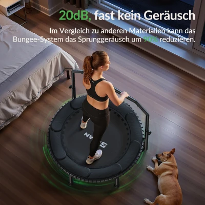 Rebounder-Trampolin für Erwachsene, faltbar, verstellbarer Handlauf, rutschfesten Fußauflagen, 102x102x106 cm, Schwarz