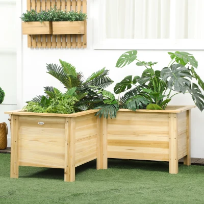 Outsunny Jardinera Elevada de Madera Macetero Exterior en Forma de L con Tela no Tejido Huerto Urbano 120x120x50 cm Natural