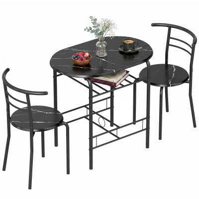 HOMCOM Eetkamer set 3-delig, keukentafel en stoelen voor 2 personen met plank, woonkamer, zwarte marmerlook