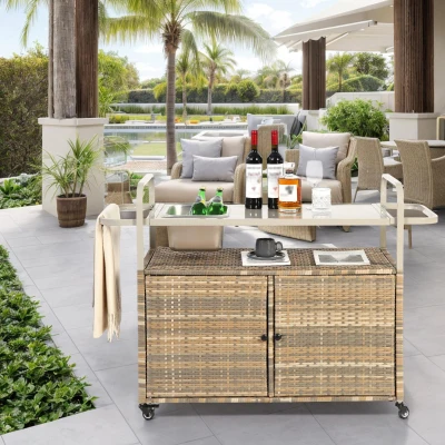 Bar roulant d'extérieur avec bac à glaçons, Beige