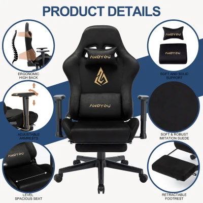 Gaming-Stuhl mit Fußstütze, atmungsaktivem Kunstwildleder, höhenverstellbar mit Gasfeder, drehbar, 70x70x135 cm, Schwarz