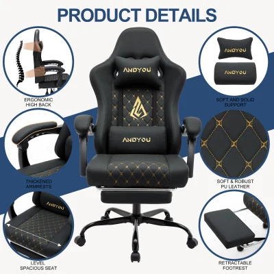 ANDYOU Ergonomischer Gaming-Stuhl aus PU-Leder im Racing-Stil – bequem und verstellbar, Schwarz