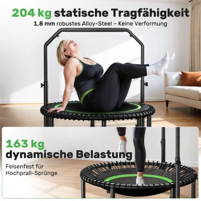 Rebounder-Trampolin für Erwachsene, faltbar, verstellbarer Handlauf, rutschfesten Fußauflagen, 102x102x106 cm, Schwarz+Grün