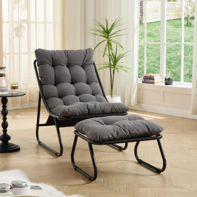 Fauteuil lounge d'extérieur avec pouf, Gris