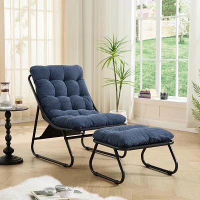 Fauteuil lounge d'extérieur avec pouf, Bleu marine