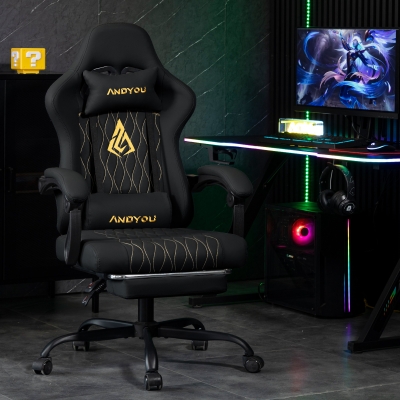 Gaming-Stuhl der ANDYOU-Serie mit Fußstütze – Ergonomischer Computerstuhl aus PU-Leder, Schwarz
